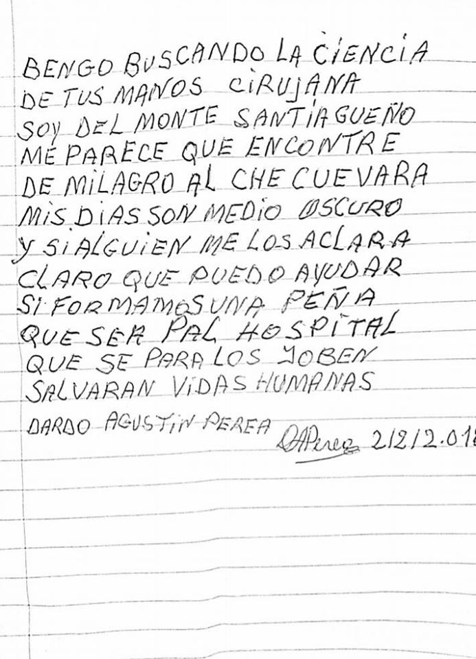 Poesía que nos regaló un paciente en el centro oftalmológico Dr. Ernesto Che Guevara. Por una salud pública, gratuita y humana. Gracias Cuba! Un mundo mejor es posible.
