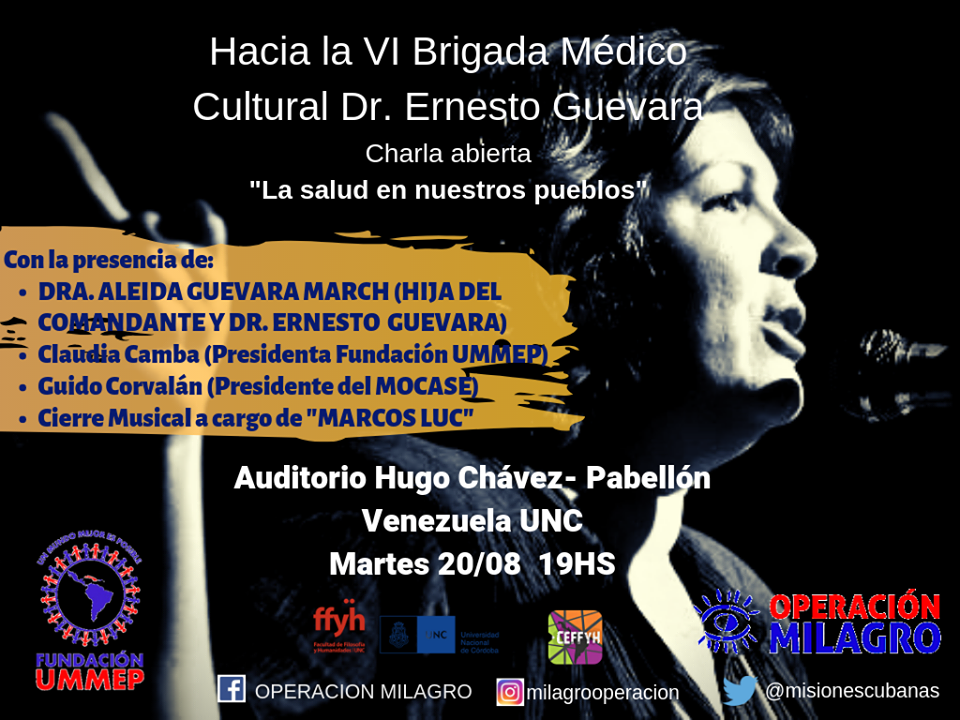 CHARLA ABIERTA «La salud en nuestros pueblos» con la Dra. Aleida Guevara March  Con motivo de la VI Brigada Médico-Cultural Dr. Ernesto Che Guevara, tendrá lugar un debate sobre el acceso y las prácticas de salud en el interior de nuestro país y el impacto generado por las brigadas anteriores.