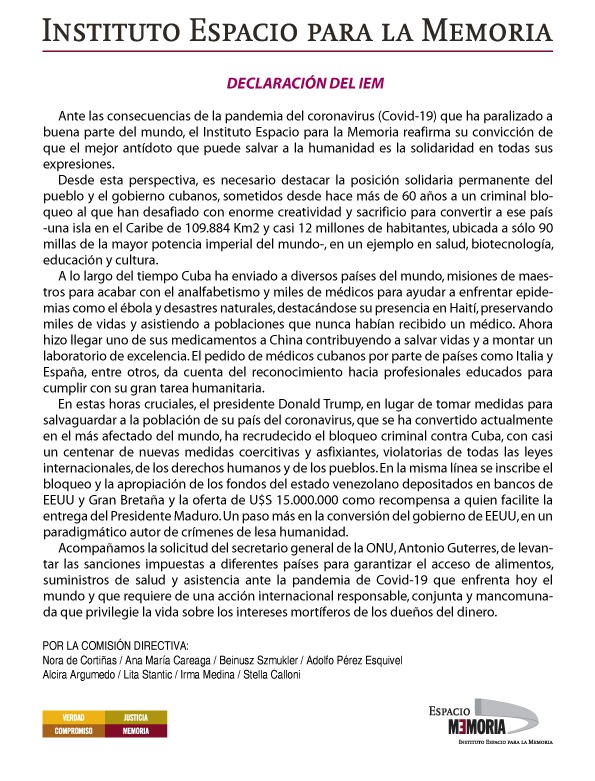 Declaración del Instituto Espacio para la Memoria de Argentina: Cuba y la solidaridad en tiempos de pandemia y bloqueo