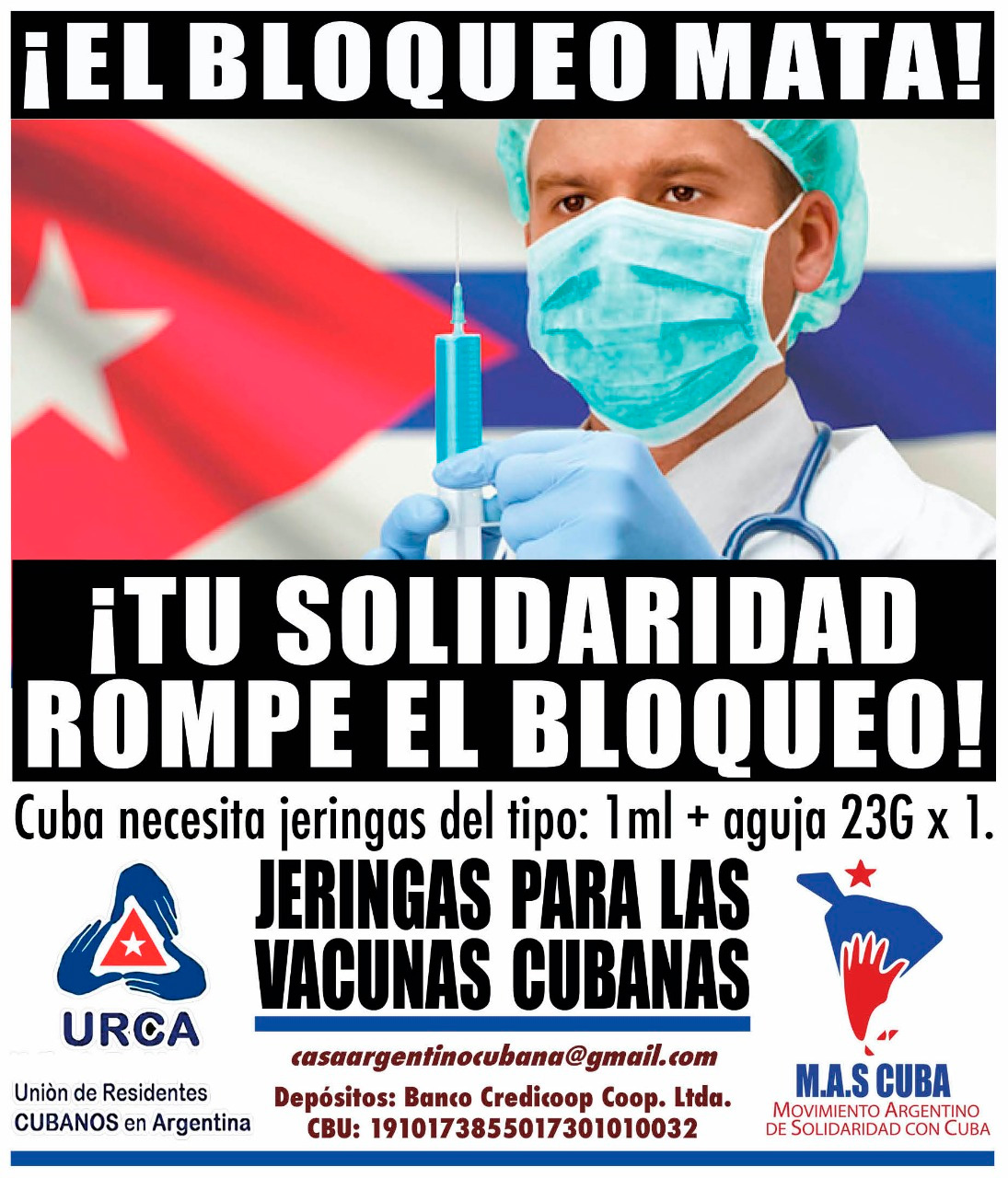 Movimientos de Solidaridad con Cuba lanzan campaña para juntar insumos que sirvan para el plan de vacunación.