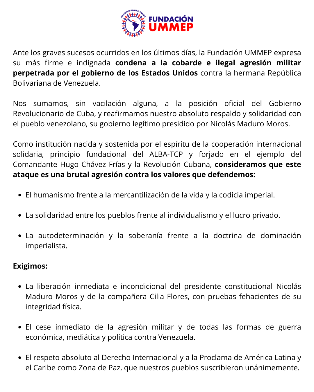 Comunicado de la Fundación UMMEP en torno a los crímenes cometidos contra la República Bolivariana de Venezuela
